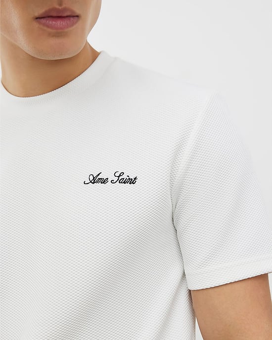 River Island Mens T-Shirt White Slim Fit Textured Ame Saint - Image 2
