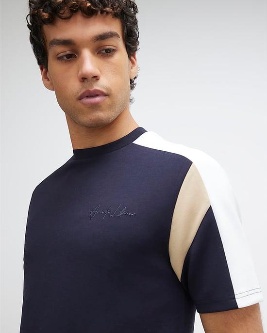 River Island Mens T-Shirt Navy Slim Fit Shoulder Colour Block - Image 4