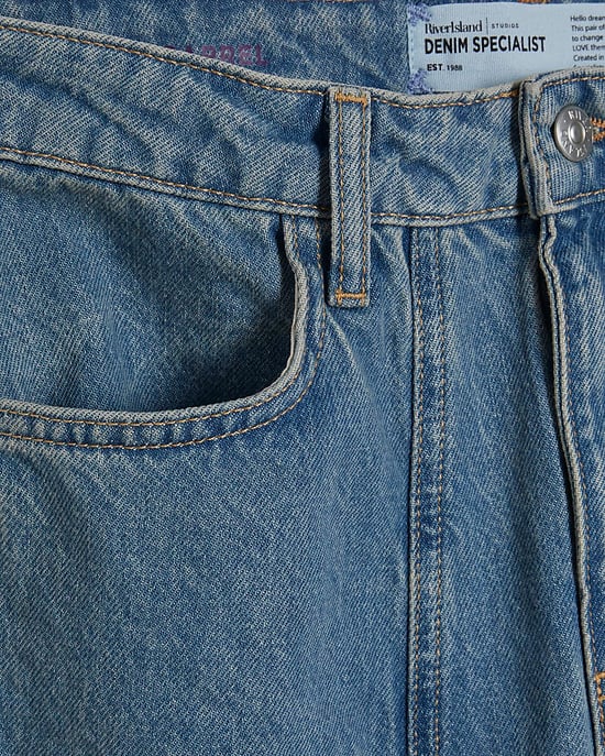 River Island Womens Barrel Leg Jeans Blue Seamed Raw Hem - Image 5