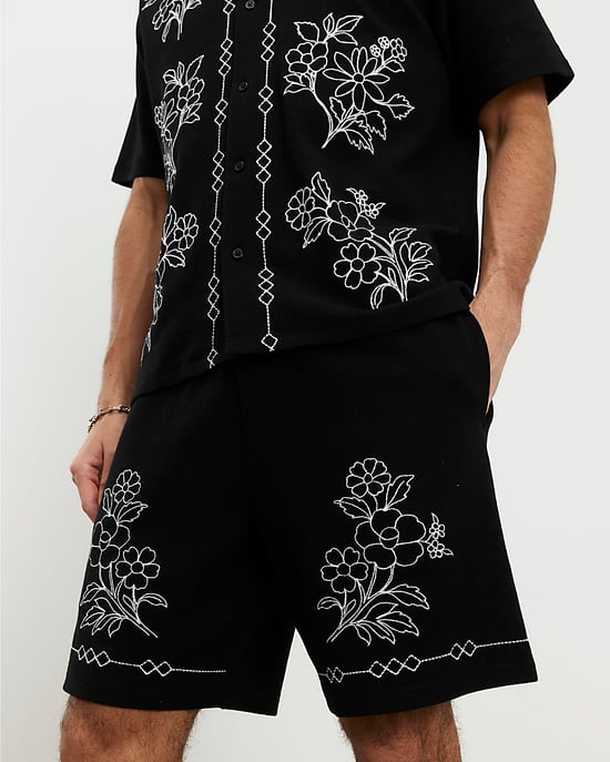 River Island Mens Shorts Black Regular Fit Floral Embroidered Detail - Image 1