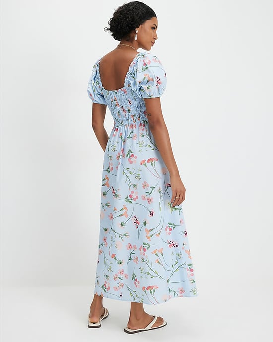 River Island Womens Midi Dress Blue Cotton Floral Shirred Short Sleeve - Image 2