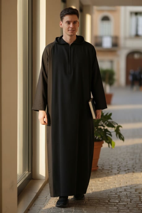 Heren zwarte Eid Marokkaanse Jubba Robe Ramadan Eid Thobe LFS met capuchon - HM12 - Image 1