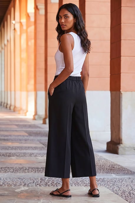 Elastic Waist Wide Leg Cropped Culottes - Image 3