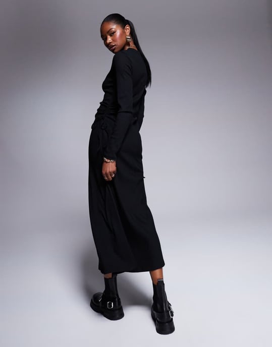ASOS DESIGN ruched tie side rib midi dress in black - Image 4