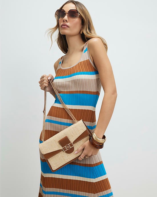 River Island Womens Shoulder Bag Beige RR Panelled Raffia Popper - Image 5
