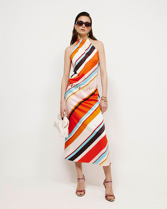River Island Womens Maxi Dress Orange Halter Neck Sleeveless Stripe - Image 1