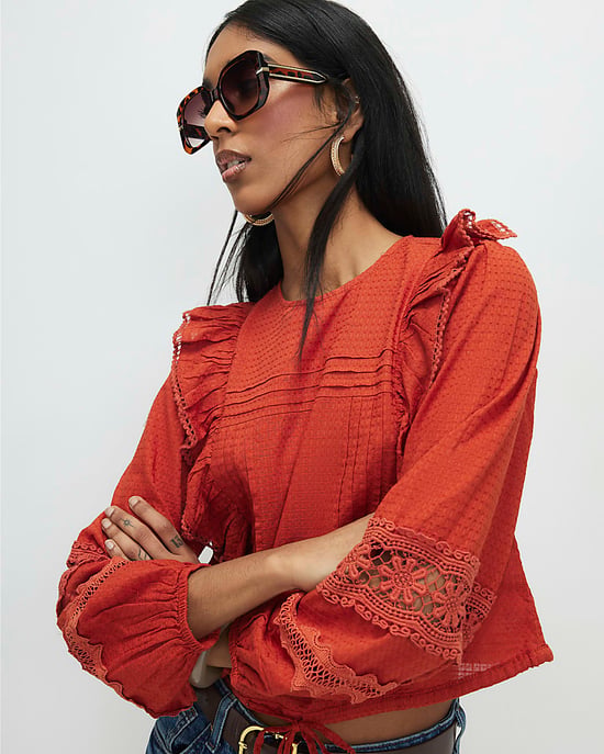 River Island Womens Blouse Orange Long Sleeve Ruffle Round Neck - Image 4