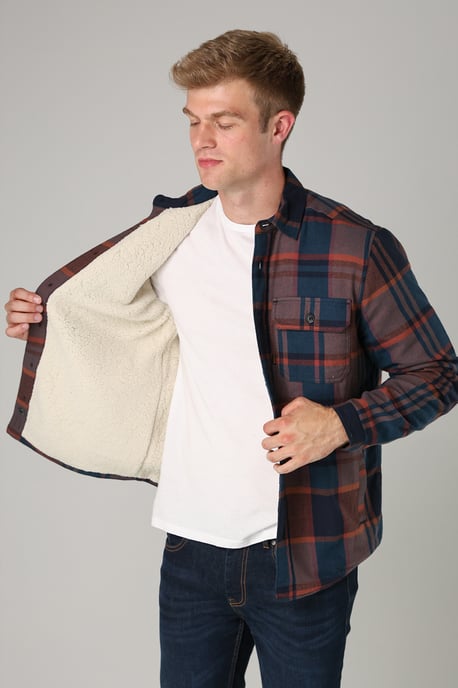 Dark Navy Cotton Checked Long Sleeve Shirt With Sherpa Lining - Image 4