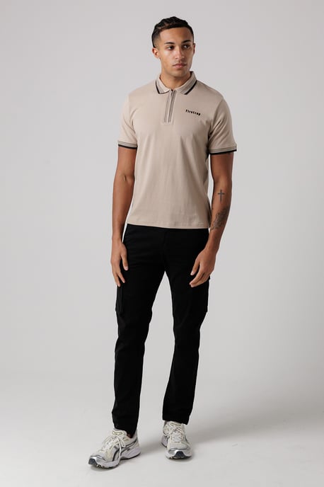 Taupe Regular Fit Cotton Zip Polo Shirt With Gradient Stripes - Image 5