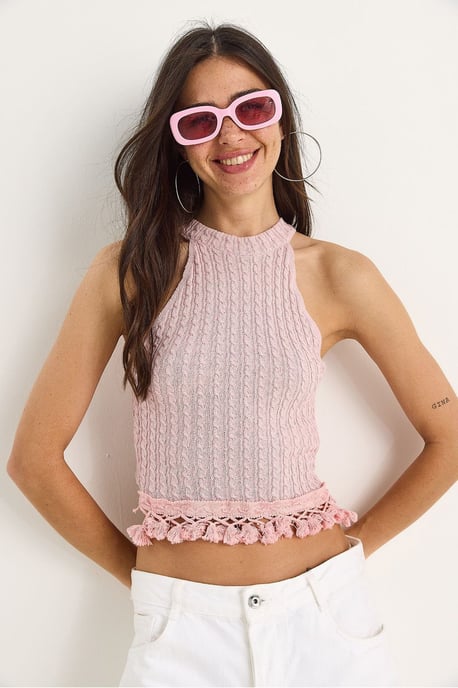 Gestructureerde Halterneck Aansluitende Croptop Blouse - Image 3