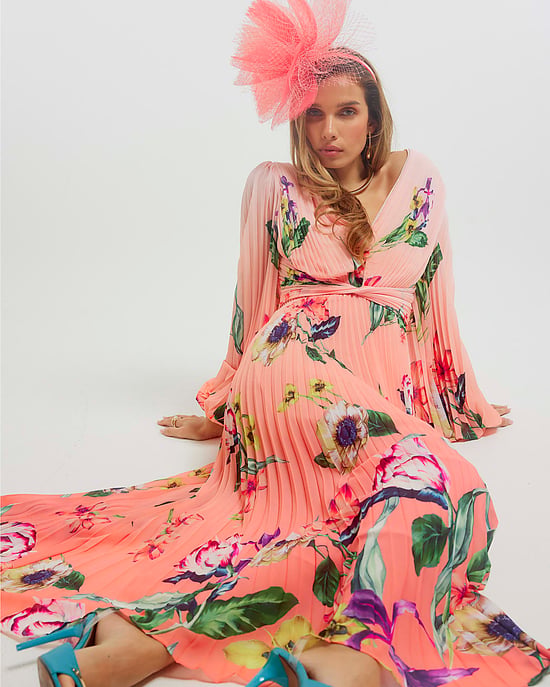 River Island Womens Midi Dress Pink Premium Plisse Floral Zip - Image 4