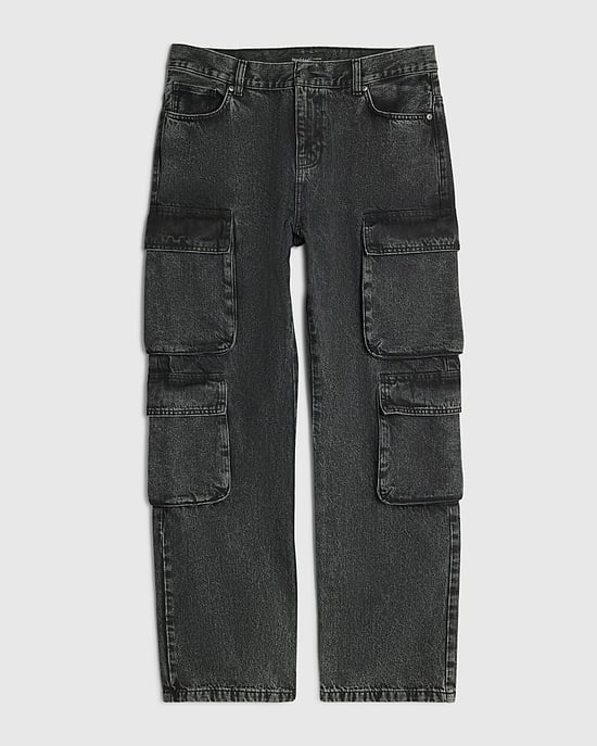 River Island Mens Cargo Jeans Black Loose Fit Elasticated - Image 6