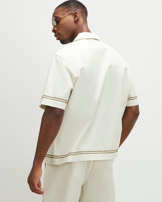River Island Mens Shirt Cream Palm Tree Embroidered Short Sleeve - Image 3