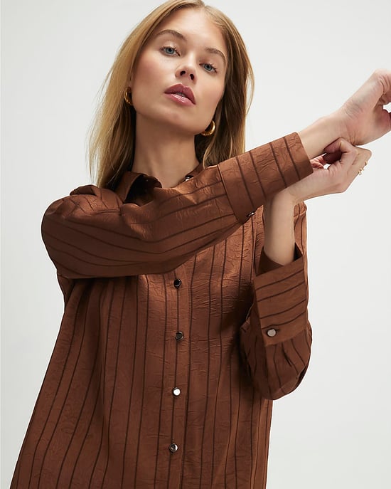 River Island Womens Blouse Brown Satin Striped Crinkle Long Sleeve - Image 1