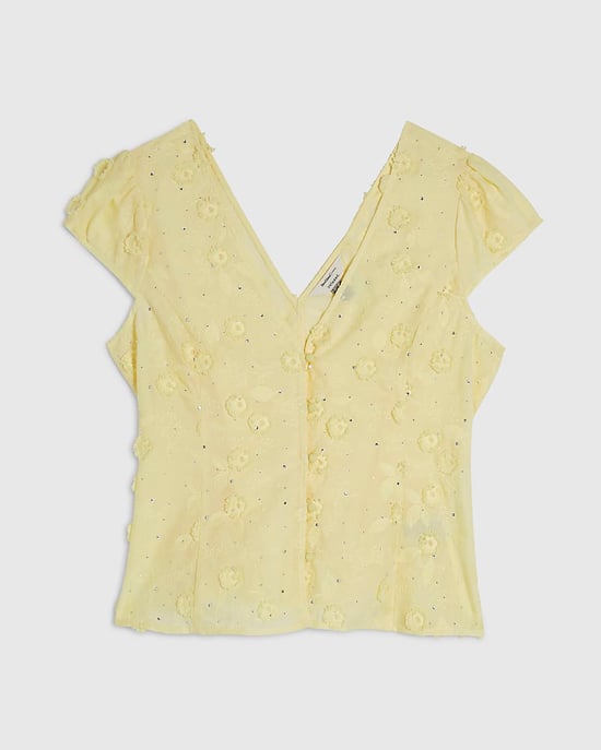 River Island Womens Blouse Yellow 3D Floral Embellished Short Sleeve - Image 6