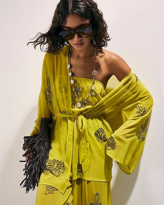 River Island Womens Kaftan Yellow Embellished Long Belted Sleeve - Image 1