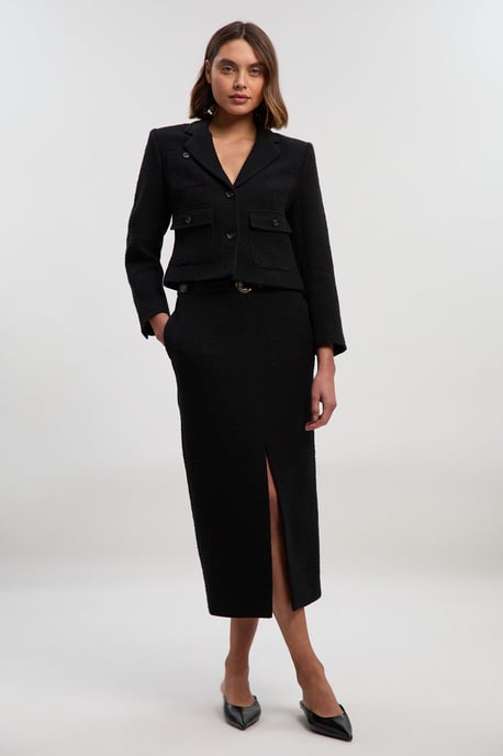 Textured Tweed Tailored Belted Pencil Skirt - Image 1