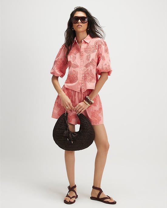 River Island Womens Shirt Pink Cotton Puff Sleeve Cornelli Collared - Image 2