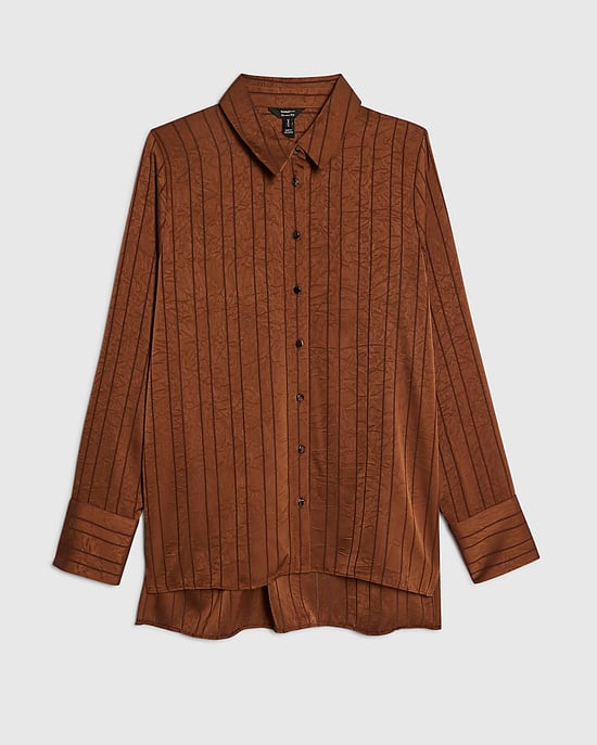 River Island Womens Blouse Brown Satin Striped Crinkle Long Sleeve - Image 6