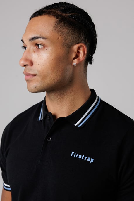 Black Regular Fit Cotton Button Polo Shirt With Stripe Detail - Image 3