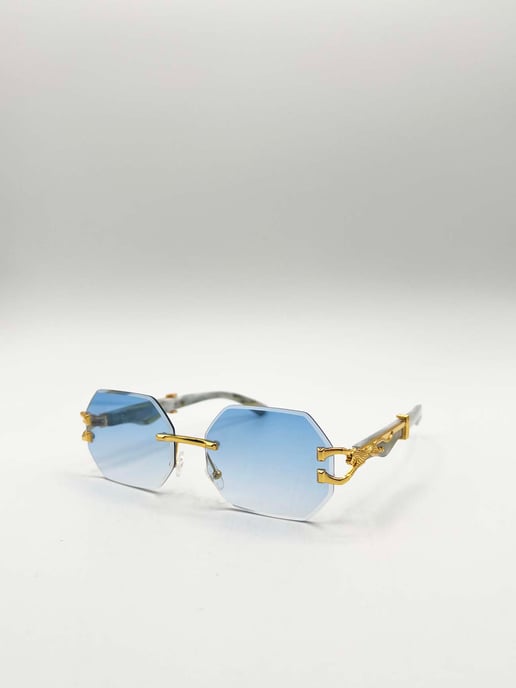 Rimless Oval Geometric Sunglasses in Gold Blue - Image 3