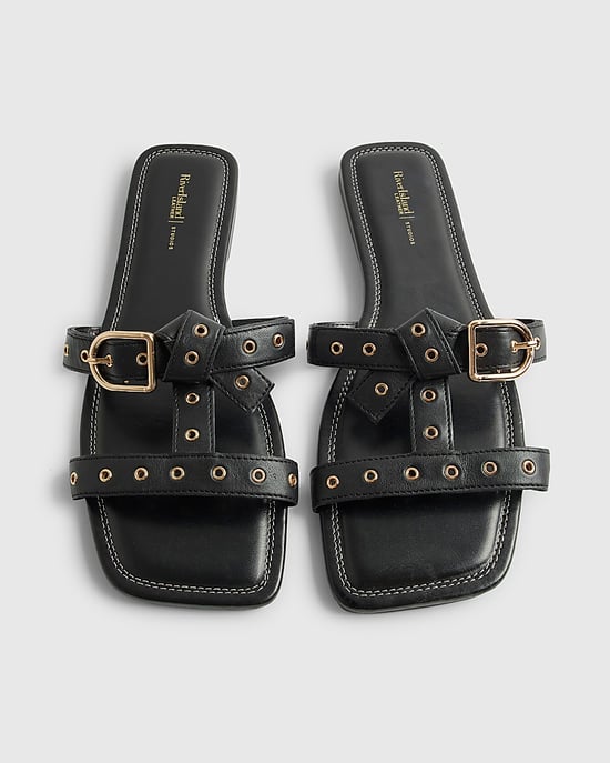 River Island Womens T-Bar Sandals Black Leather Buckle Square - Image 4