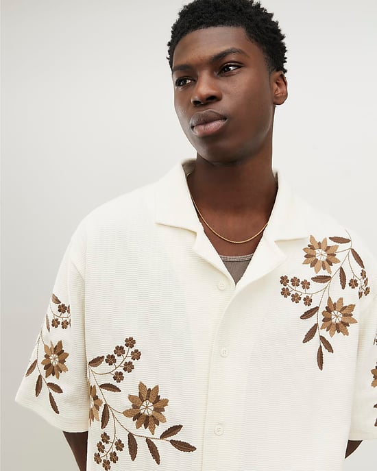 River Island Mens Shirt White Regular Fit Floral Textured Embroidered - Image 3