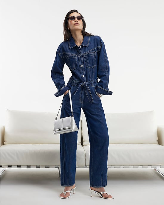 River Island Womens Jumpsuit Blue Utility Belted Barrel Leg Denim - Image 1