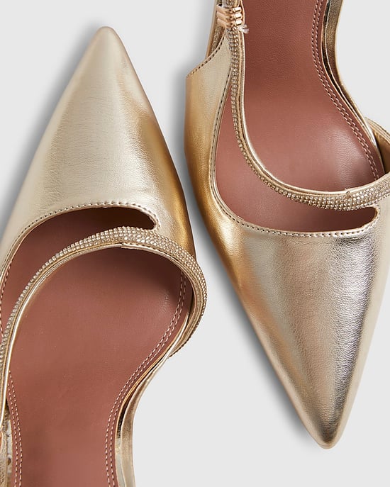 River Island Womens Court Shoes Gold Diamante Slingback Strap Heels - Image 4