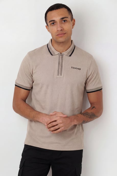 Taupe Regular Fit Cotton Zip Polo Shirt With Gradient Stripes - Image 1