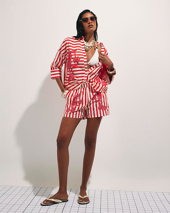 River Island Womens Shorts Red Stripe Beaded Elasticated - Image 3