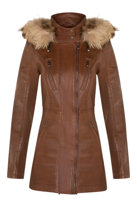 Dames gewatteerde leren parka in bruin leer - Winton - Image 1