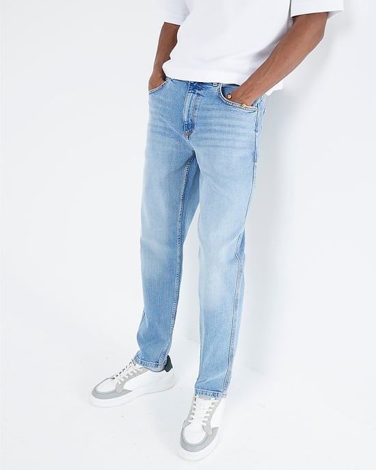 River Island Mens Tapered Jeans Blue Fit Denim Button Zip - Image 4