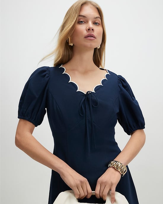 River Island Womens Mini Dress Navy Linen Blend Scallop Trim V-Neck - Image 3