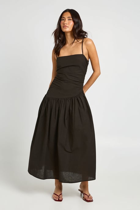 Linen Ruched Drop Hem Midi Skater Dress - Image 1