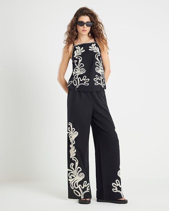 River Island Womens Tank Top Black Embroidered Button Sleeveless - Image 4