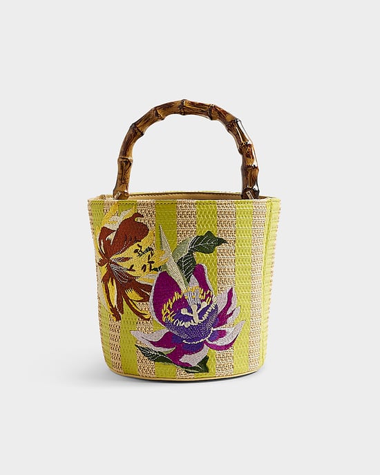 River Island Womens Bucket Bag Beige Striped Embroidered Floral - Image 3