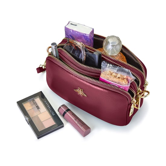 Ladies Crossbody Bag With Wide Strap, Chain And Wristlet in Burgundy - Image 5