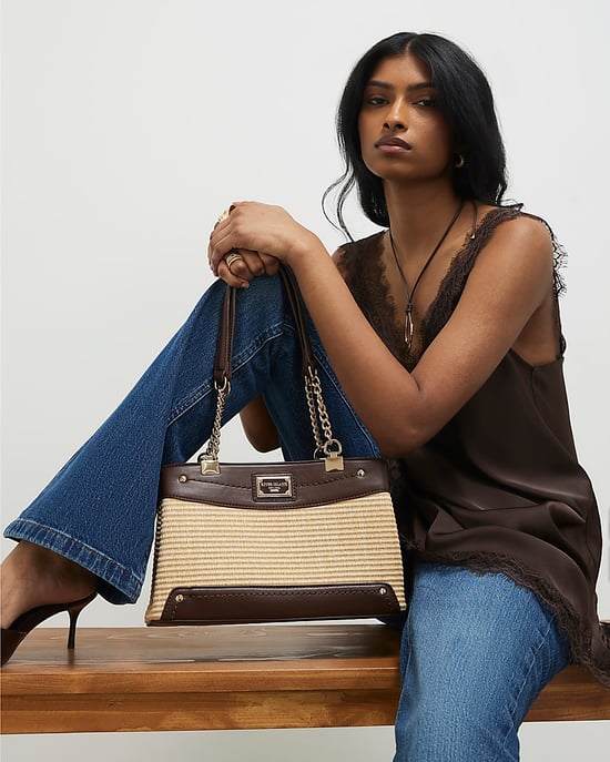 River Island Womens Shoulder Bag Beige Raffia Chain Handle Zip - Image 5