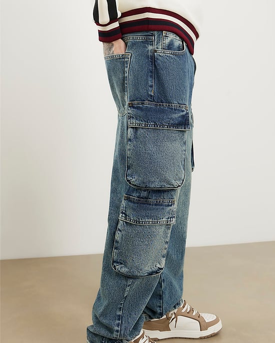 River Island Mens Cargo Jeans Blue Loose Fit Elasticated - Image 4