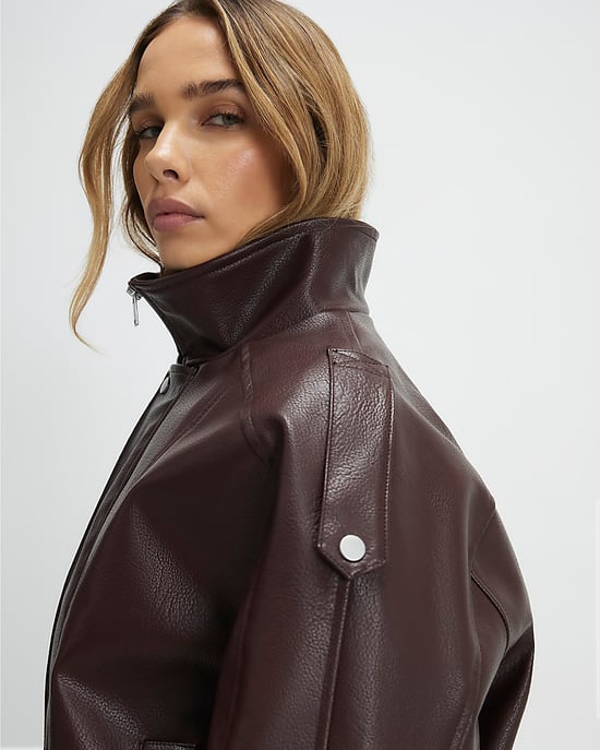 River Island Womens Jacket Brown Faux Leather Funnel Neck Batwing - Image 2