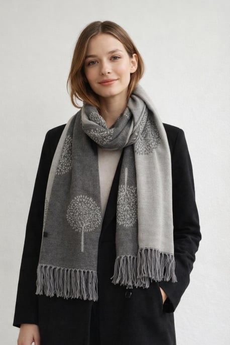 Tree Print Cashmere Blend Scarf With Tassels in Grey - Image 1