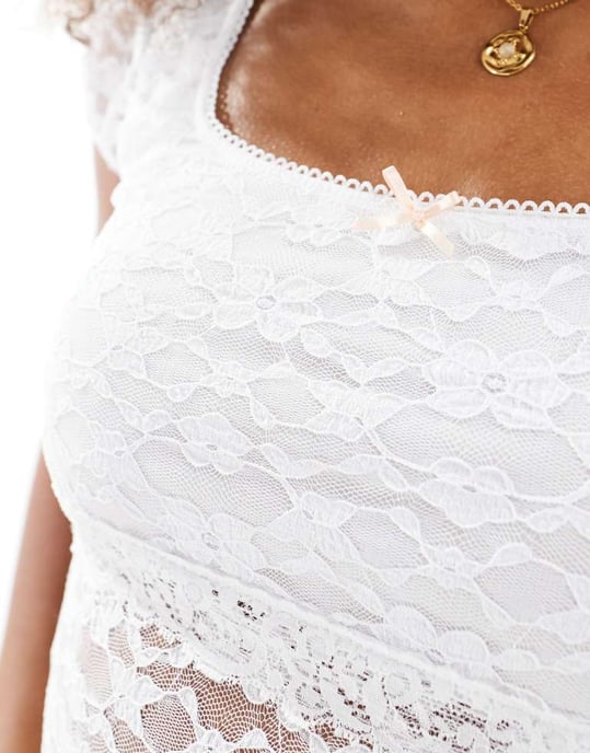 Miss Selfridge lace cap sleeve bow detail top in white - Image 3