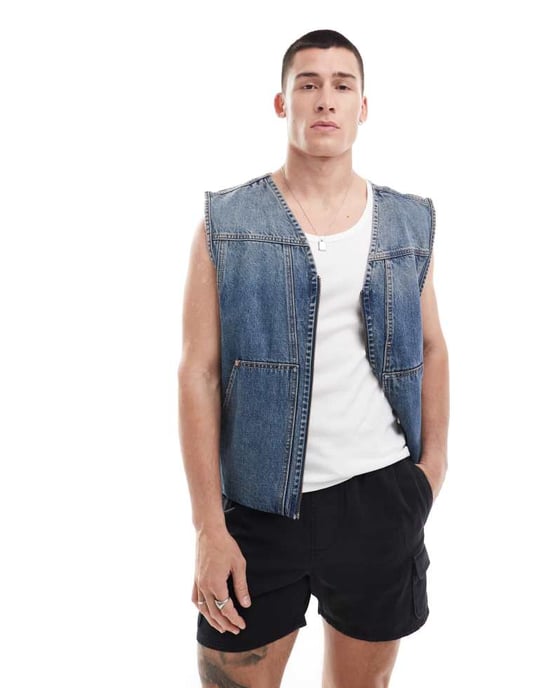 Weekday Astoria denim zip-through väst i stålblå tvätt - Image 4