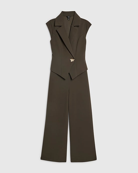 River Island Womens Jumpsuit Green Cap Sleeve Wide Leg V-Neck Button - Image 6