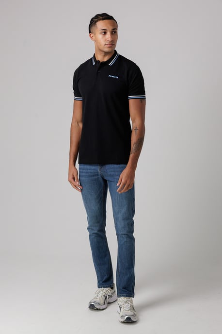 Black Regular Fit Cotton Button Polo Shirt With Stripe Detail - Image 4