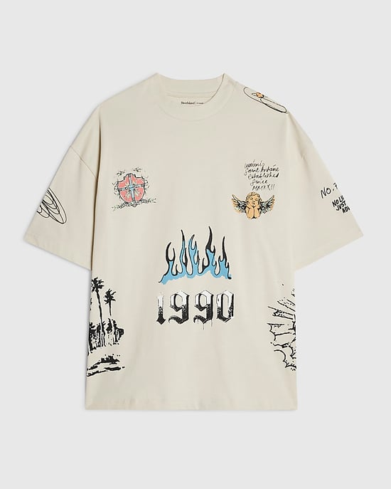 River Island Mens T-Shirt Beige Oversized Cotton Graffiti Print - Image 6