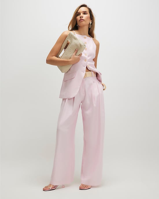 River Island Womens Wide Leg Trousers Pink Linen Look Belted - Image 1