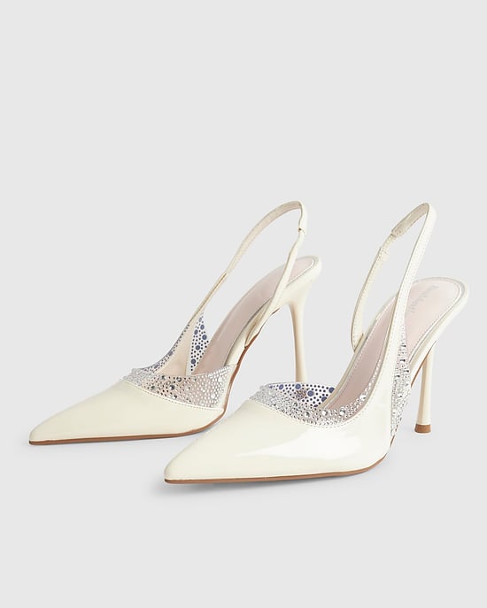 River Island Womens Slingback Court Shoes White Sparkle Perspex Heels - Image 4