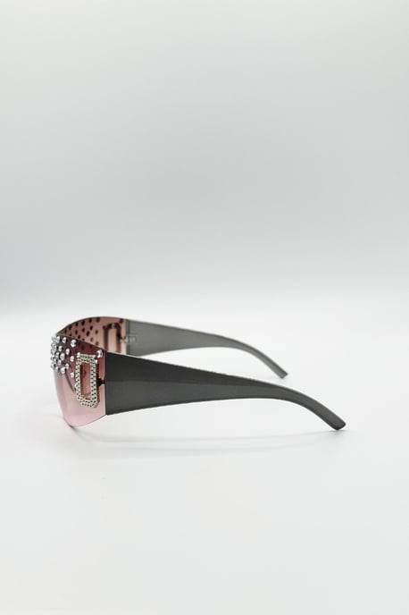 Racer Diamante Sunglasses In Pink - Image 5